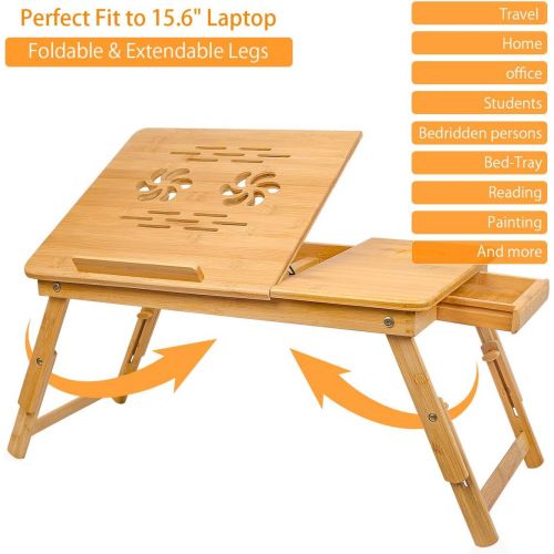  [아마존베스트]Bamboo Laptop Desk Tray,Breakfast Serving Bed Trays, Adjustable Foldable with Flip Top and Legs, Computer Stand with Drawer-by QL-ben