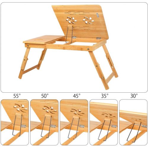  [아마존베스트]Bamboo Laptop Desk Tray,Breakfast Serving Bed Trays, Adjustable Foldable with Flip Top and Legs, Computer Stand with Drawer-by QL-ben