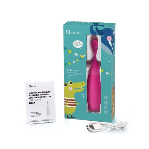  Qmate Rechargeable Baby Electric Toothbrush with Built-in Songs and Silicone Bristles for Travel Waterproof for...