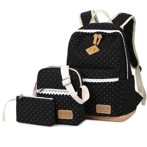  Qomalaya School Backpack for Teens School Bag Backpack for School Canvas Book Bag set (Black)