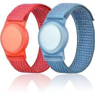 2 Pack Kids Wristband Compatible with Apple AirTag, Protective Case for Air Tag GPS Tracker Holder with Nylon Bracelet, Adjustable Anti Lost Watch Band for Toddler Child Elder (Red & Blue)