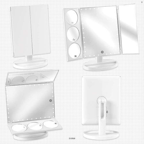  Qosmedix Trifold LED Vanity Makeup Mirror: Three Panel Lighted Mirror with Stand for a Table Top, Vanity,...