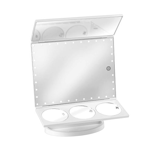  Qosmedix Trifold LED Vanity Makeup Mirror: Three Panel Lighted Mirror with Stand for a Table Top, Vanity,...