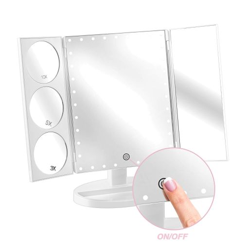  Qosmedix Trifold LED Vanity Makeup Mirror: Three Panel Lighted Mirror with Stand for a Table Top, Vanity,...