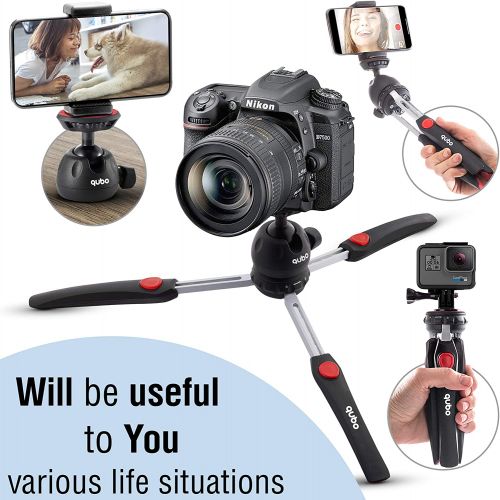  QuBona qubo Mini Tripod Camera Holder - Premium Tabletop Small Phone Tripod Mount for GoPro iPhone / Cell Phones Webcam Projector Compact DSLR - Hand Desktop Camera Tripod Stand Table