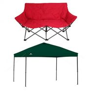 Ozark Trail Quad-Folding Padded Love Red Seat Chair with Cup Holder Bundle with Ozark Trail 10 x 10 Straight Leg Instant Green Canopy