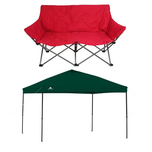  Ozark Trail Quad-Folding Padded Love Red Seat Chair with Cup Holder Bundle with Ozark Trail 10 x 10 Straight Leg Instant Green Canopy