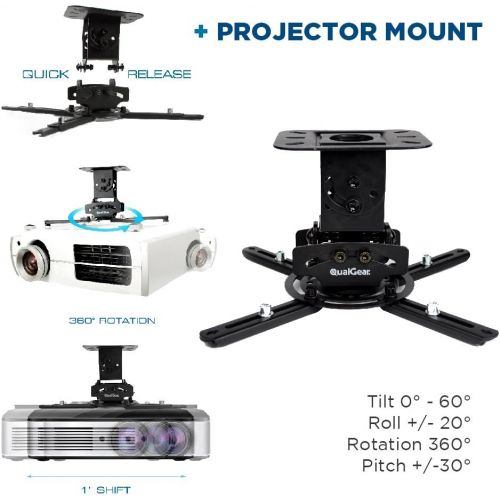  QualGear Projector Ceiling Mount Bundle with 110 Ultra White Fixed Frame Projector Screen & 25 HDMI Cable Hardware Mount (PRB-717?Blk-110W-25ft)