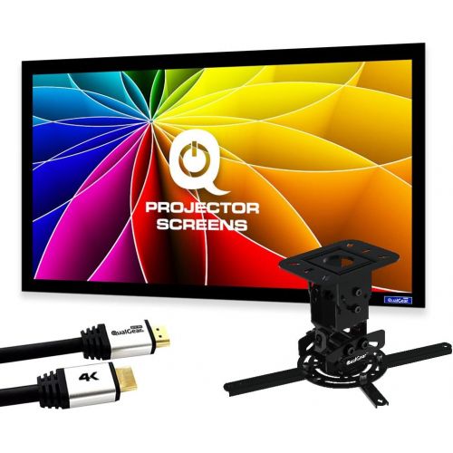  QualGear Projector Ceiling Mount Bundle with 110 Ultra White Fixed Frame Projector Screen & 25 HDMI Cable Hardware Mount (PRB-717?Blk-110W-25ft)