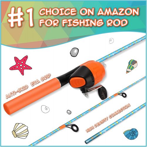  QudraKast Kids Fishing Pole, Portable Kids Fishing Rod and Reel Combo - Melding Funny Cartoon Pattern on Rod and Reel, Perfect Fishing Kit Gift for Kids