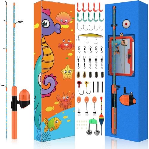  QudraKast Kids Fishing Pole, Portable Kids Fishing Rod and Reel Combo - Melding Funny Cartoon Pattern on Rod and Reel, Perfect Fishing Kit Gift for Kids