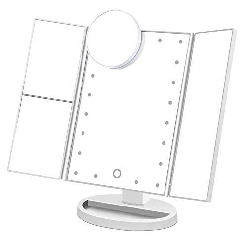  Queen Makeup Mirror Lighted Makeup Vanity Mirror with 21 LED Lights, 3X/2X Magnification and Detachable 10X Magnifying Mirror,Tri-flod LED Makeup Mirror with Touch Screen (White)