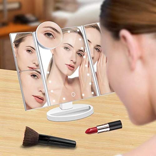  Queen Makeup Mirror Lighted Makeup Vanity Mirror with 21 LED Lights, 3X/2X Magnification and Detachable 10X Magnifying Mirror,Tri-flod LED Makeup Mirror with Touch Screen (White)