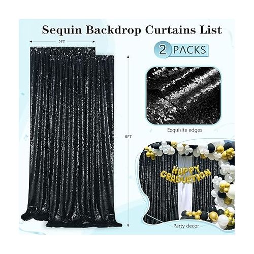  Black Sequin Backdrop 2 Panels 2FTx8FT Halloween Backdrop Curtains Party Decorations Birthday Wedding Photo Backdrop