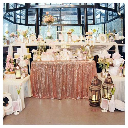  QueenDream Sequined Tablecloth 60x102-in Rose Gold Sparkly Sequin Fabric Wedding Luxury Table Cover