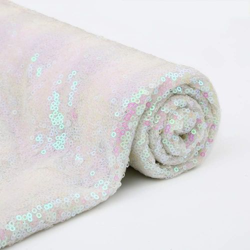  QueenDream White Iridescent Sequin Fabric Sequin Backdrop Fabric Sequin Overlay Sheer Fabric Glitz Table Linen DIY Party Dress Fabric