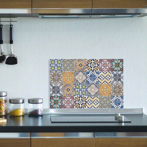  [아마존베스트]Queence Kitchen Splash Guard Tile Pattern Kitchen Back Wall Aluminium DiBond Tile Protection for the Stove Kitchen Kitchen Tiles Tile Mirror Rear Panel