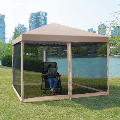  Quictent 8x8 Ez Pop up Canopy with Netting Instant Gazebo Mesh Side Wall Screen House with Roller Bag Tan