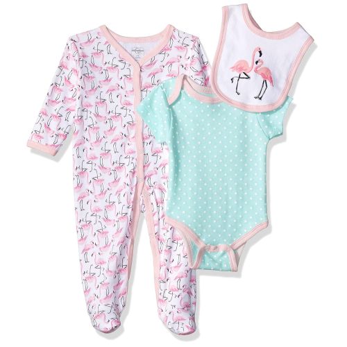  Quiltex Girls Toddler Flamingo Print Pant Set with Bodysuit and Bib 3 Pc