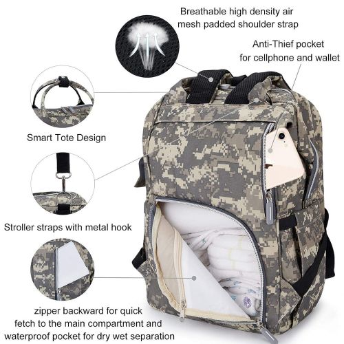  Diaper Bag Backpack with USB Charging Port Stroller Straps Insulated Pocket and Changing Pad, Tactical Diaper Bag Backpack for Dad/Boy/Mom/Girl, Camouflage by Qwreoia