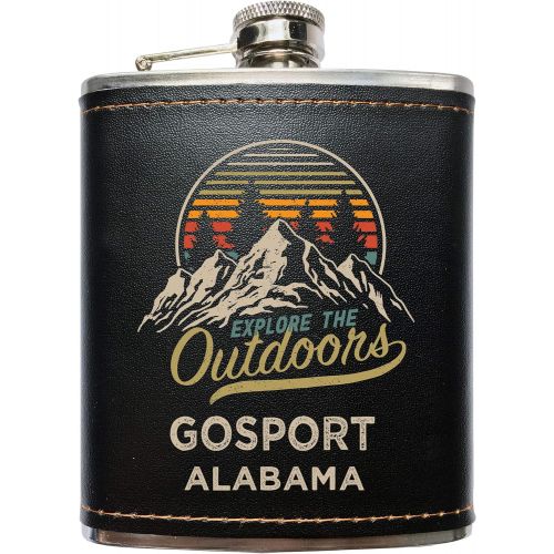  R and R Imports Gosport Alabama Explore the Outdoors Souvenir Black Leather Wrapped Stainless Steel 7 oz Flask