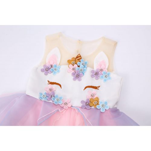  R-Cloud Girls Flower Unicorn Costume Pageant Princess Halloween Dress Up Cosplay Birthday Party Dress