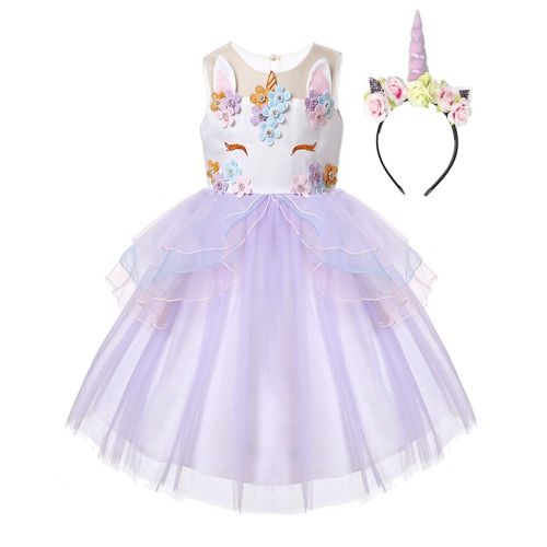  R-Cloud Girls Flower Unicorn Costume Pageant Princess Halloween Dress Up Cosplay Birthday Party Dress