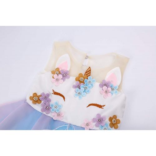  R-Cloud Girls Flower Unicorn Costume Pageant Princess Halloween Dress Up Cosplay Birthday Party Dress