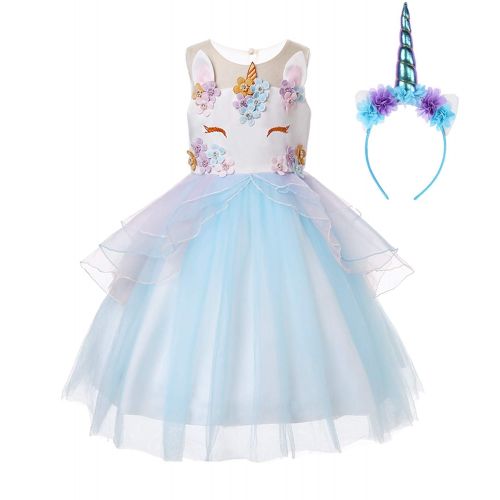  R-Cloud Girls Flower Unicorn Costume Pageant Princess Halloween Dress Up Cosplay Birthday Party Dress