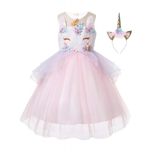  R-Cloud Girls Flower Unicorn Costume Pageant Princess Halloween Dress Up Cosplay Birthday Party Dress