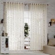 R.LANG Solid Grommet Top Modern Embroidered sheer Curtain 1 Pair Beige 52W X 84 L