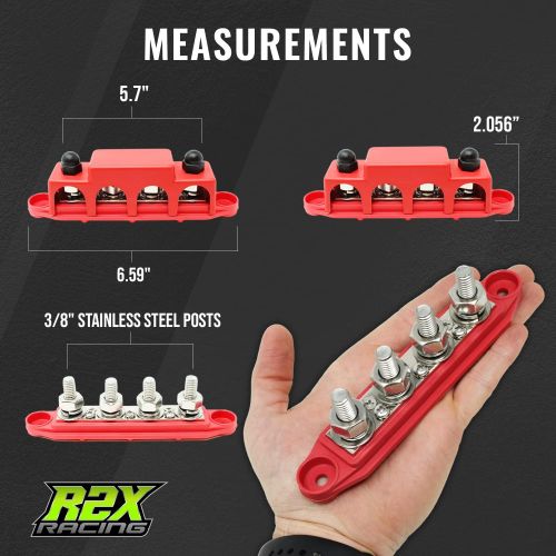  R2X Racing 4 Post Power Distribution Block Bus Bar Pair with Cover - Made in The USA - 250 Amp Rating ? Marine Bus Bar, Automotive, and Solar Wiring ? Battery Terminal Distribution Block - (S