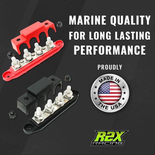  R2X Racing 4 Post Power Distribution Block Bus Bar Pair with Cover - Made in The USA - 250 Amp Rating ? Marine Bus Bar, Automotive, and Solar Wiring ? Battery Terminal Distribution Block - (S