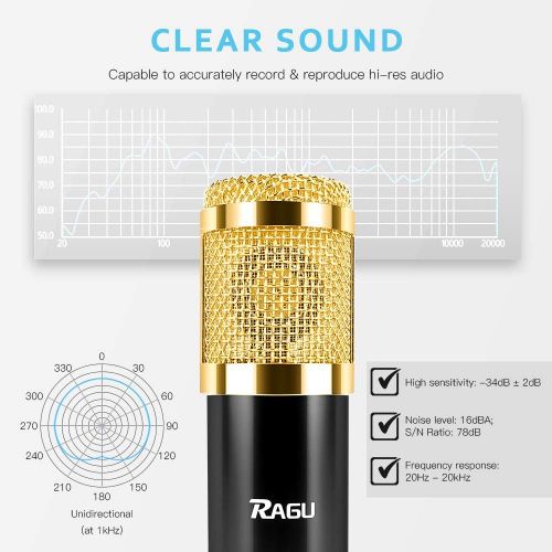  [아마존베스트]RAGU Condenser Microphone Bundle, 8-in-1 Cardioid Condenser Microphone Kit for Studio Recording and Brocasting