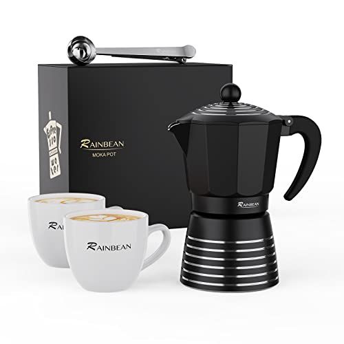  RAINBEAN Stovetop Espresso Maker 6 CUP ,Aluminum Moka Pot Gift Set for Christmas, Italian Cuban Greca Coffee Maker Easy to Use & Clean, Black Espresso Percolator Aluminum Durable,