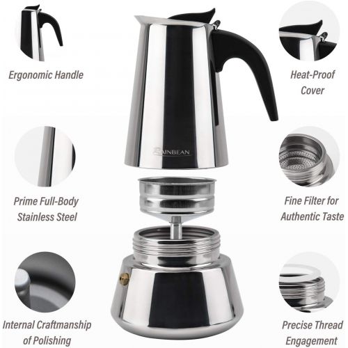  RAINBEAN Stovetop Espresso Maker stainless steel 6 Cup Espresso Moka Pot for Full Flavored Espresso Percolator Italian Coffee Maker stainless steel Espresso Maker with Gift Package(2 cups,1