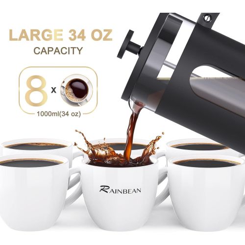  RAINBEAN French Press Coffee Tea Maker large 1000ml/34oz with 4 Level Filtration System Borosilicate Glass Durable Stainless Steel Thickened Heat Resistant