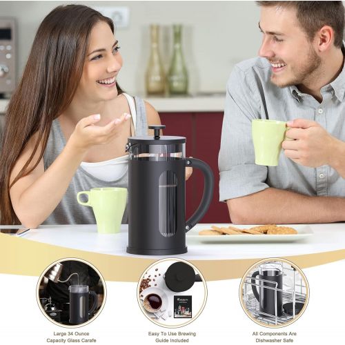  RAINBEAN French Press Coffee Tea Maker large 1000ml/34oz with 4 Level Filtration System Borosilicate Glass Durable Stainless Steel Thickened Heat Resistant