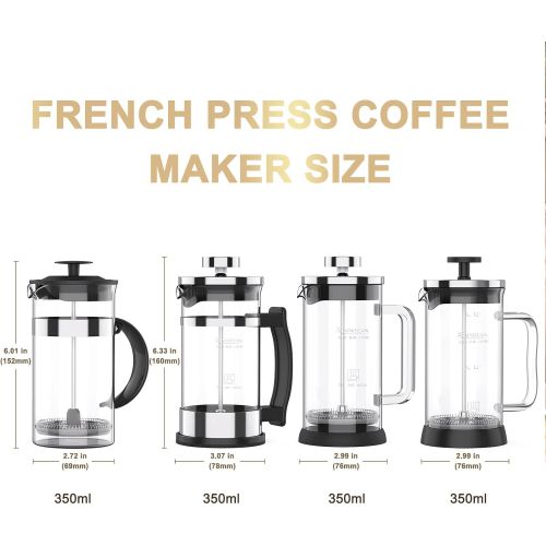  RAINBEAN Mini French Press Coffee Maker 12 oz , Small French Press 350 ml, Camping Coffee Press, Heat Cold Coffee Brewer with Spoon and Brush (Classic Style)