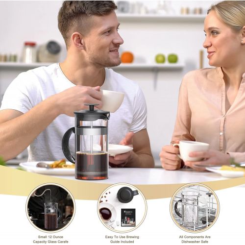  RAINBEAN Mini French Press Coffee Maker 12 oz , Small French Press 350 ml, Camping Coffee Press, Heat Cold Coffee Brewer with Spoon and Brush (Classic Style)