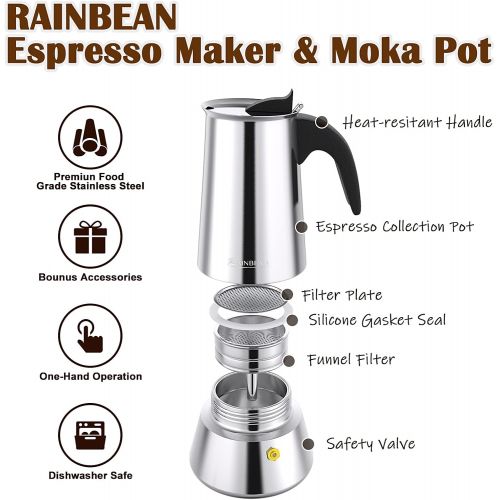  Stovetop Espresso Maker, RAINBEAN Stainless Steel Moka Pot 6 Cup(8.5 oz), Italian Coffee Maker Suitable for Induction Cookers - Including 2 Cups, Spoon, (Perfect Gifts for Coffee L