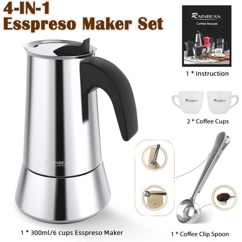  Stovetop Espresso Maker, RAINBEAN Stainless Steel Moka Pot 6 Cup(8.5 oz), Italian Coffee Maker Suitable for Induction Cookers - Including 2 Cups, Spoon, (Perfect Gifts for Coffee L