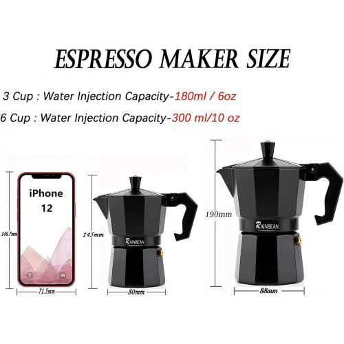  Stovetop Espresso Maker RAINBEAN 3-Cup Espresso Cup Moka Pot Percolator Italian Coffee Maker Classic Cafe Maker Italian Espresso for Gas or Electric Aluminum Black