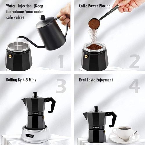  Stovetop Espresso Maker RAINBEAN 3-Cup Espresso Cup Moka Pot Percolator Italian Coffee Maker Classic Cafe Maker Italian Espresso for Gas or Electric Aluminum Black