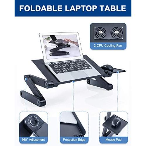  [아마존베스트]Adjustable Laptop Stand, RAINBEAN Laptop Desk with 2 CPU Cooling USB Fans for Bed Aluminum Lap Workstation Desk with Mouse Pad, Foldable Book Stand Notebook Holder Sofa, Bed Table