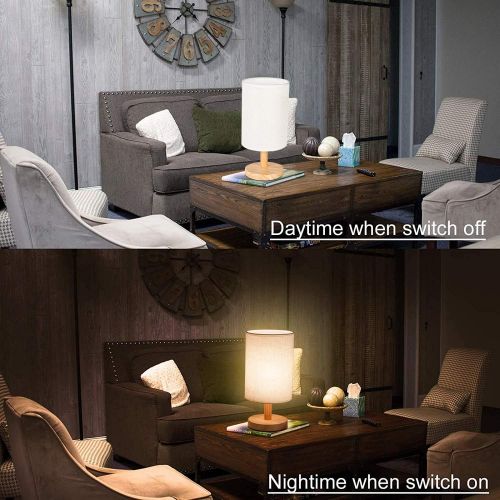  RAINFALLARING Minimalist Bedside Table Lamp Sunrise in Mountain ranges Solid Wood Nightstand Lamp Bedside Desk Lamp Wood Base Flaxen Fabric Shade for Bedroom Living Room