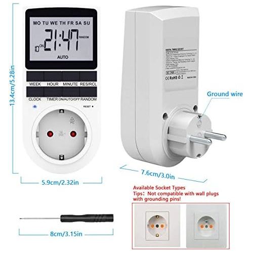  RATEL Digitale Elektronische Zeitschaltuhr Steckdose, 10 Programmierbarer Plug-In-Timer-Schalter mit Reset-Tool, LCD Display und Zufallsmodus fuer Beleuchtung, Luefter usw (2er Sets)