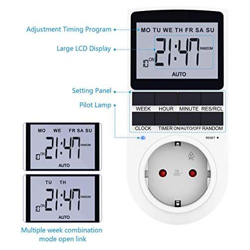  RATEL Digitale Elektronische Zeitschaltuhr Steckdose, 10 Programmierbarer Plug-In-Timer-Schalter mit Reset-Tool, LCD Display und Zufallsmodus fuer Beleuchtung, Luefter usw (2er Sets)