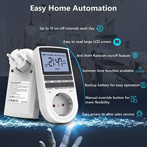  RATEL Digitale Elektronische Zeitschaltuhr Steckdose, 10 Programmierbarer Plug-In-Timer-Schalter mit Reset-Tool, LCD Display und Zufallsmodus fuer Beleuchtung, Luefter usw (2er Sets)