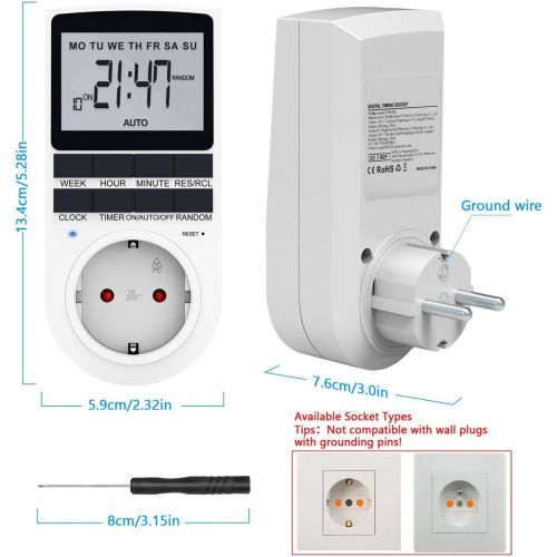  RATEL Digitale Elektronische Zeitschaltuhr Steckdose, 10 Programmierbarer Plug-In-Timer-Schalter mit Reset-Tool, LCD Display und Zufallsmodus fuer Beleuchtung, Luefter usw (2er Sets)